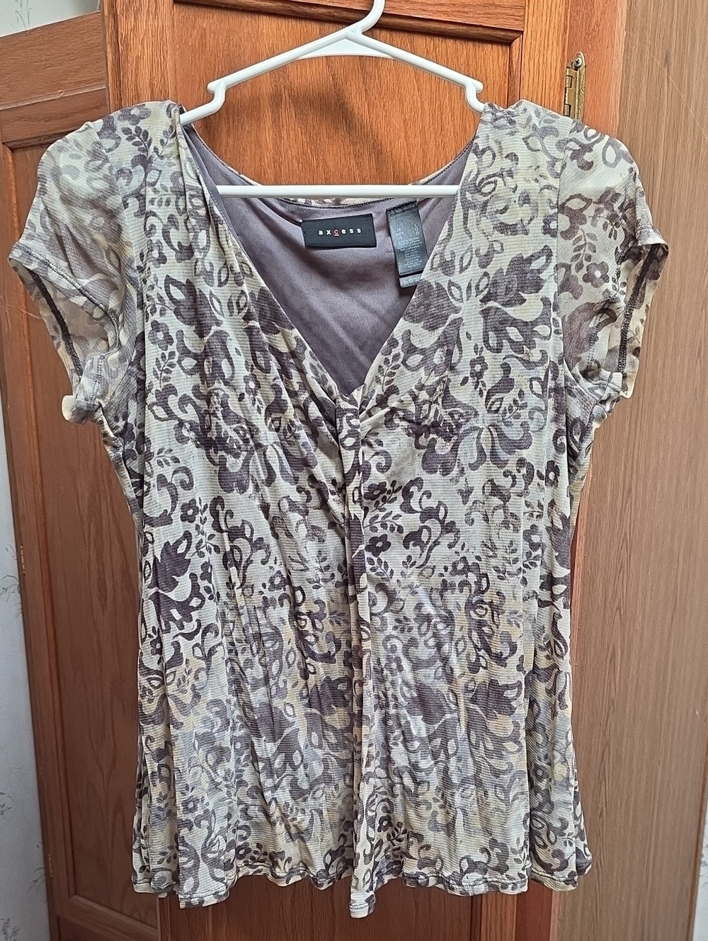 Axcess Beige and Brown Floral Short Sleeve Blouse